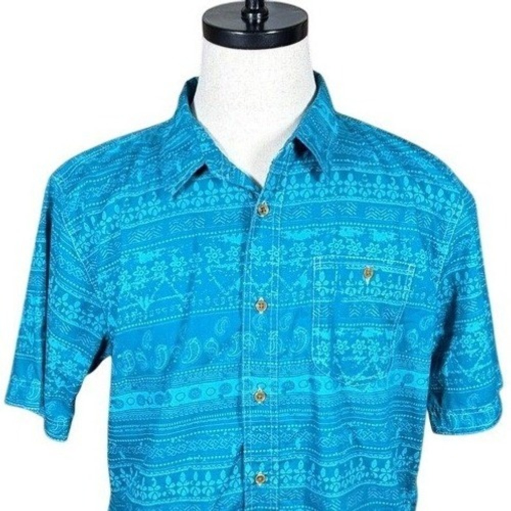 Burnside Mens XL Turquoise Blue Tribal Paisley Cotton Button Down Shirt BA9275C
